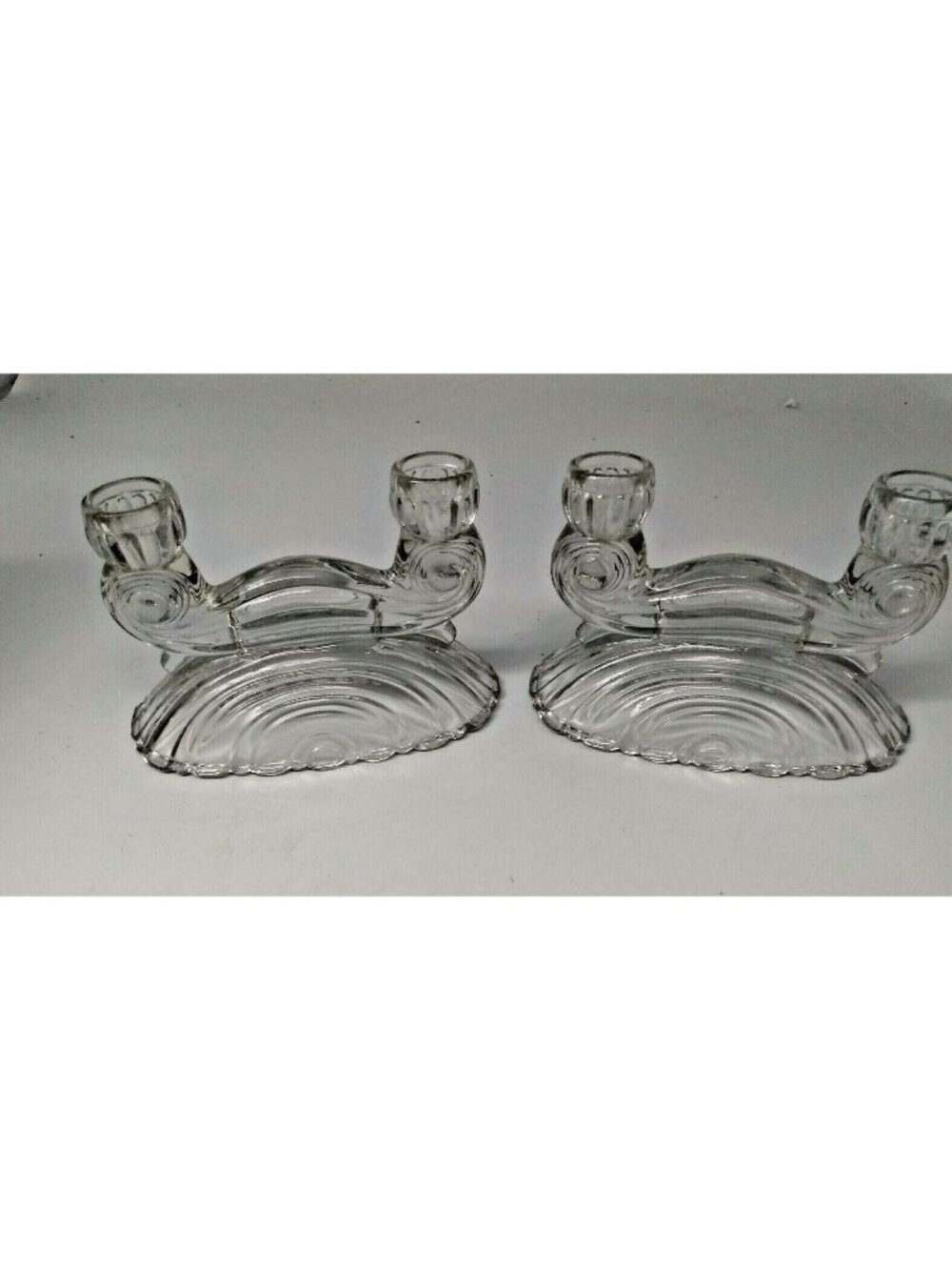 Pair of Clear Depression Glass Double Candle Holders - Seashell